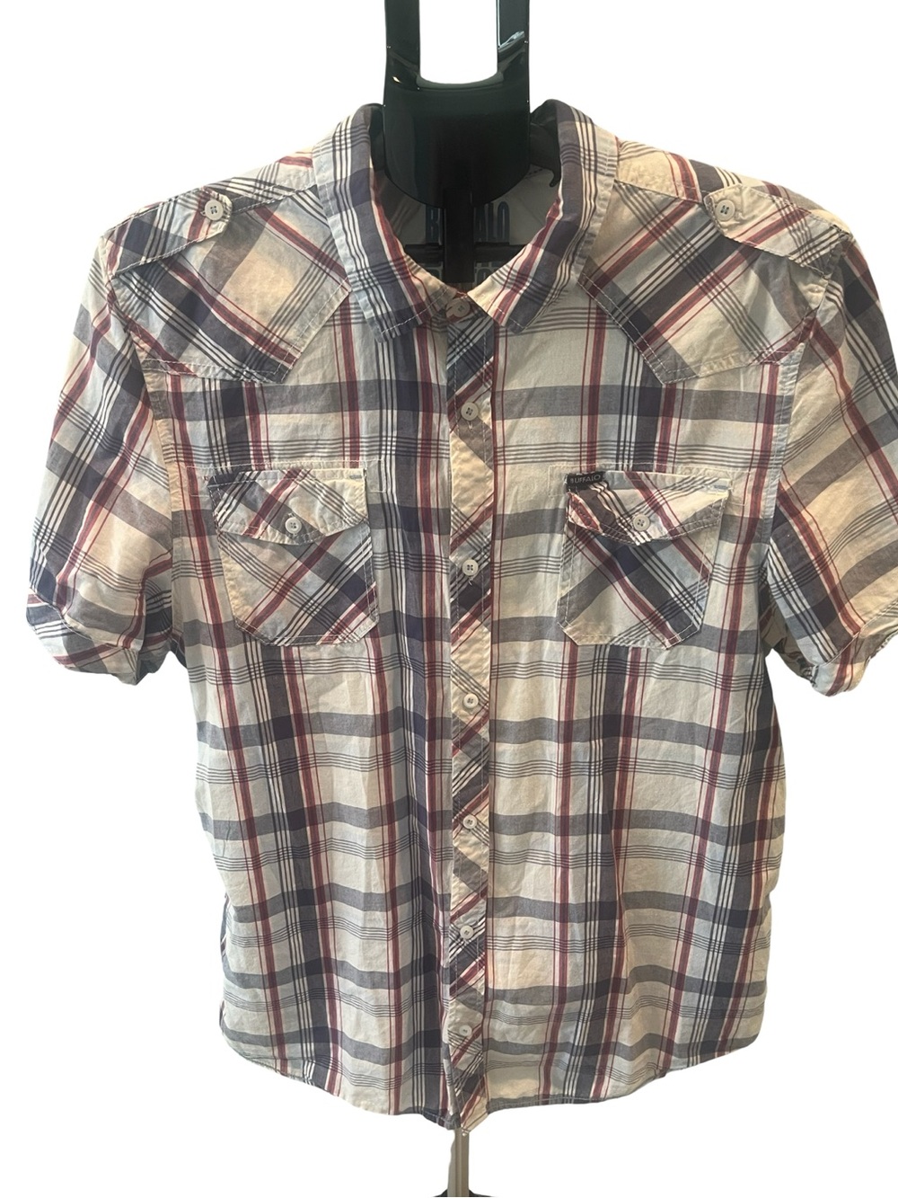 Buffalo David Bitton Short Sleeve Plaid Button-Down Shirt - White, Navy & Maroon